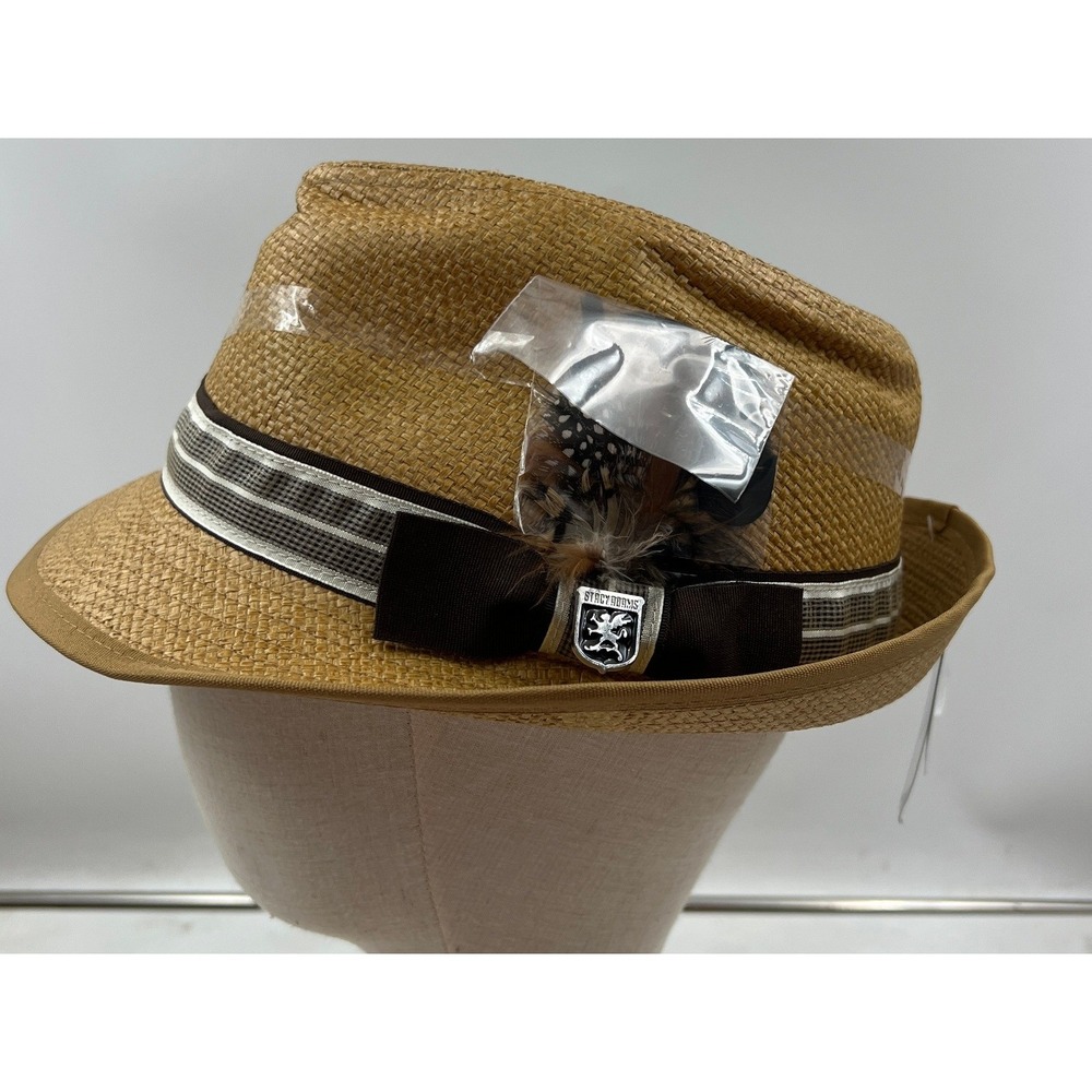Stacy Adams Toyo Fedora Hat Men's Large Tan Striped Band Straw Feather Pin NWT
